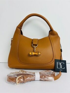 BC Bags Women's Handbag PU Pebbled Camel Matching Pouch Adjustable Strap NWT